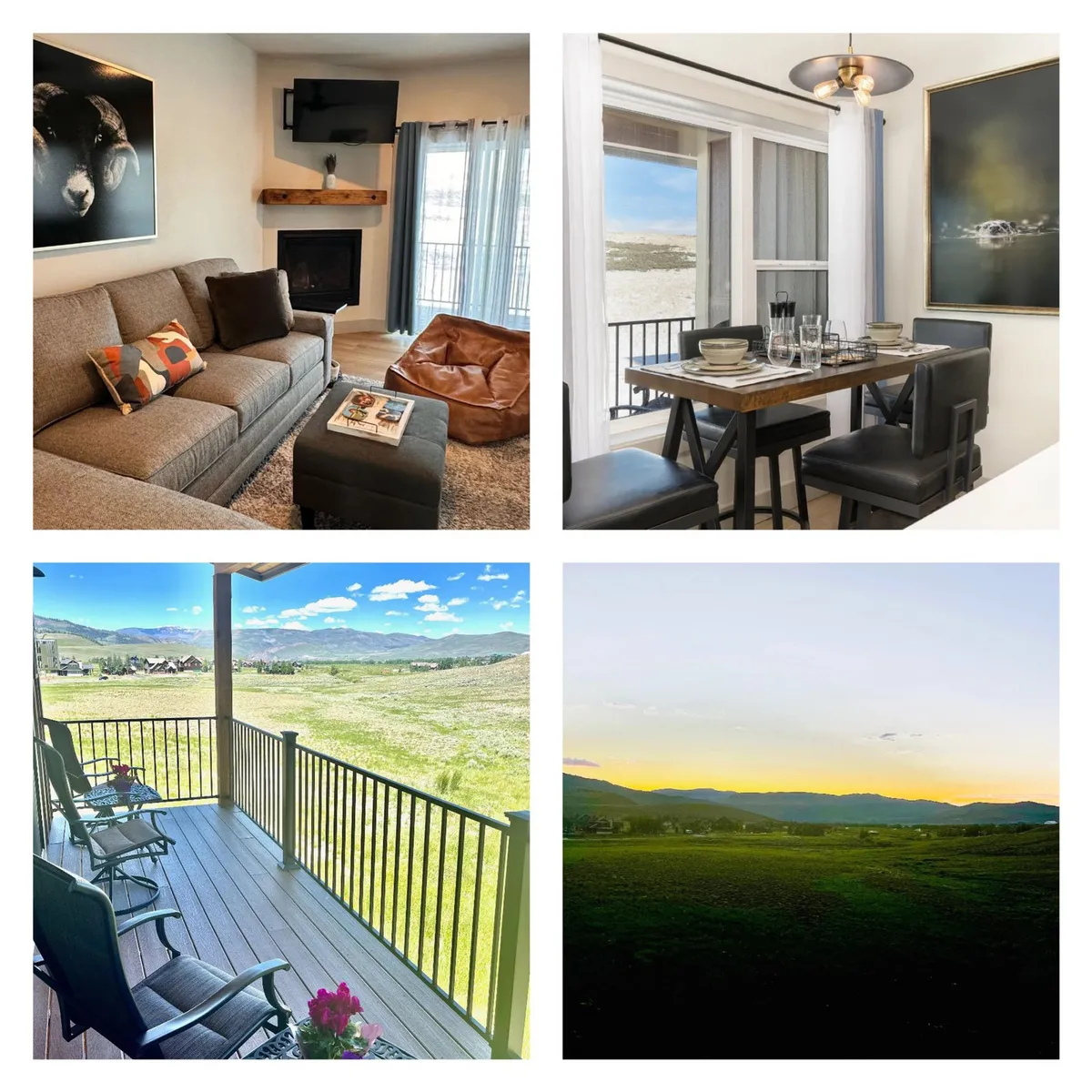 An open-plan living area featuring a comfortable sofa, dining table set for a meal, large windows offering panoramic mountain views, and a seating area on the balcony. The warm, cozy ambiance is enhanced by the abundance of natural light and the visible connection to the outdoors.